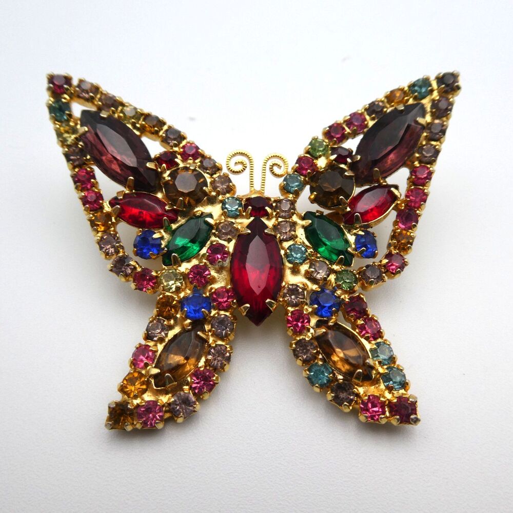 Vintage Weiss Signed Multicolor Rhinestone Butterfly Brooch Gold Tone Large 2.5"